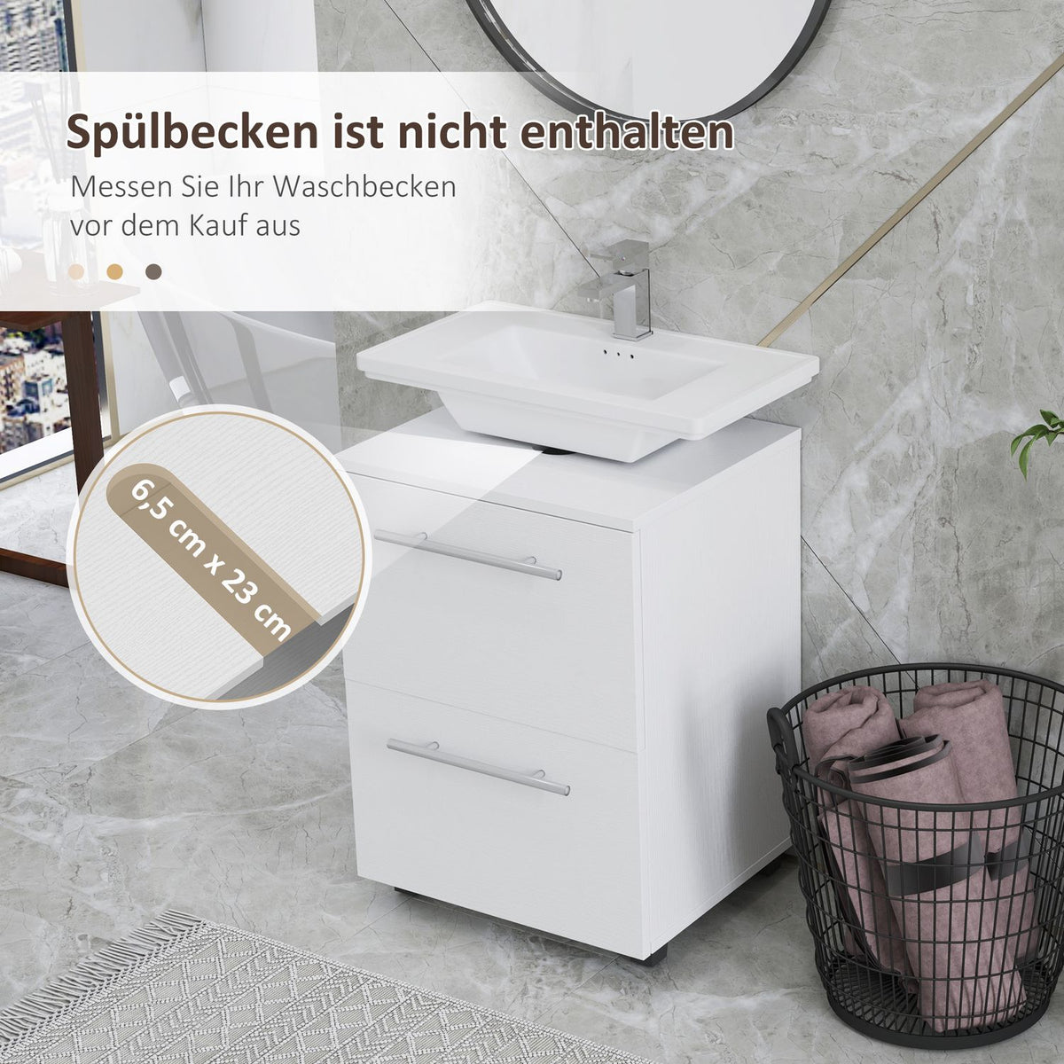 Sink base cabinet with cabinet compartment, drawer, vanity unit, bathroom base cabinet with tilt protection for wall-mounted basins, white, 41.5 x 35.5 x 59 cm