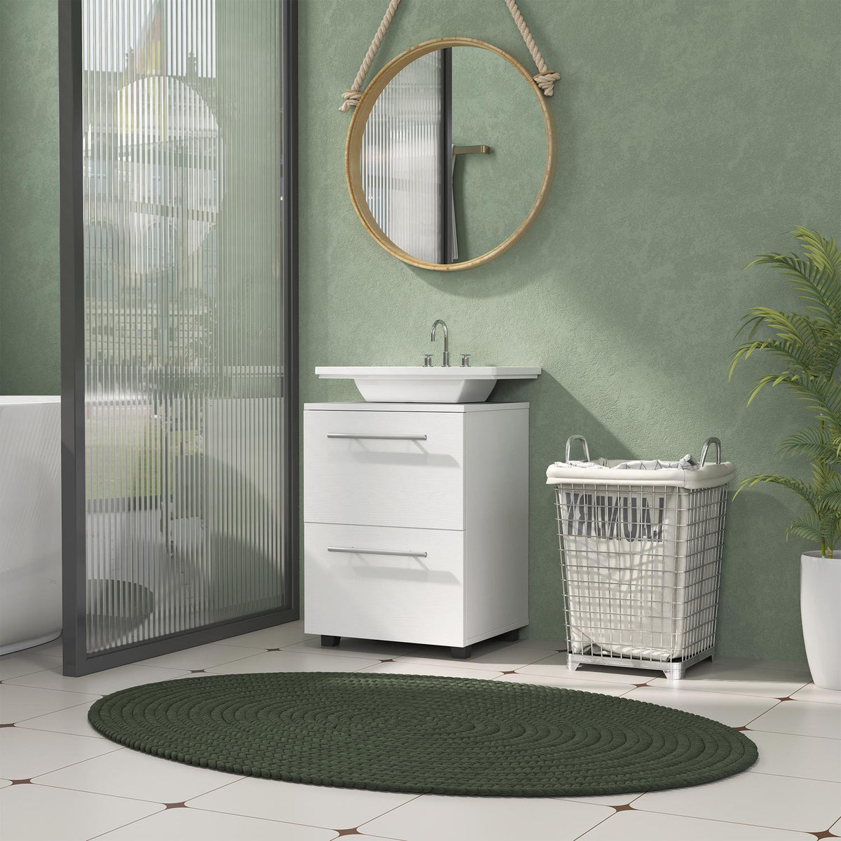 Sink base cabinet with cabinet compartment, drawer, vanity unit, bathroom base cabinet with tilt protection for wall-mounted basins, white, 41.5 x 35.5 x 59 cm