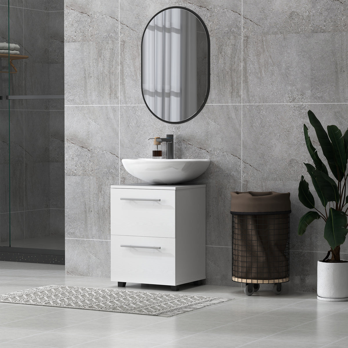 Sink base cabinet with cabinet compartment, drawer, vanity unit, bathroom base cabinet with tilt protection for wall-mounted basins, white, 41.5 x 35.5 x 59 cm