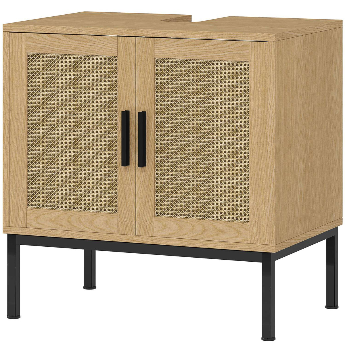Sink base cabinet with cupboard compartment, vanity unit with rattan look, bathroom base cabinet with tilt protection, oak, 60 x 39 x 60 cm