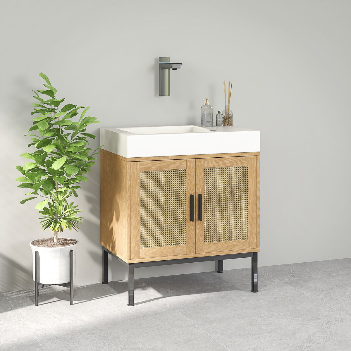 Sink base cabinet with cupboard compartment, vanity unit with rattan look, bathroom base cabinet with tilt protection, oak, 60 x 39 x 60 cm