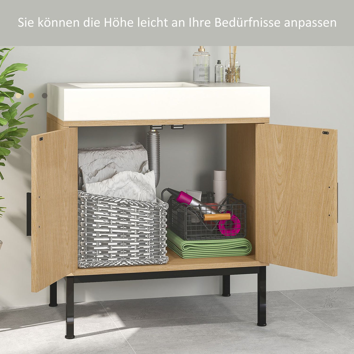Sink base cabinet with cupboard compartment, vanity unit with rattan look, bathroom base cabinet with tilt protection, oak, 60 x 39 x 60 cm