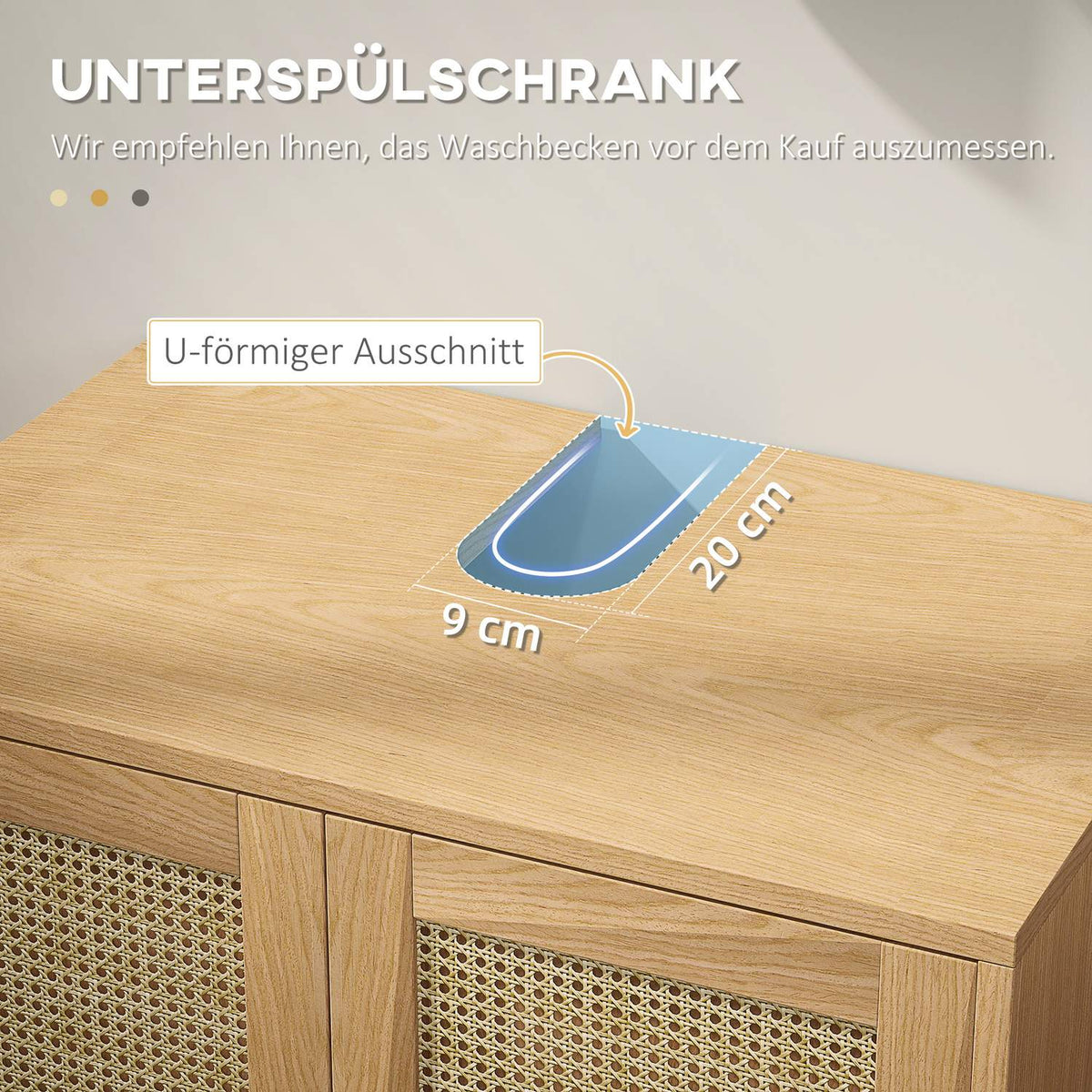 Sink base cabinet with cupboard compartment, vanity unit with rattan look, bathroom base cabinet with tilt protection, oak, 60 x 39 x 60 cm