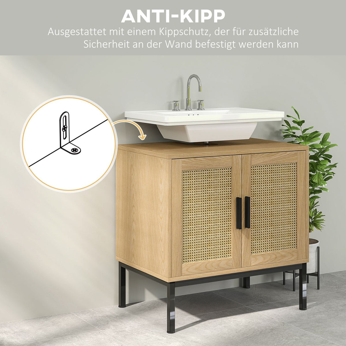 Sink base cabinet with cupboard compartment, vanity unit with rattan look, bathroom base cabinet with tilt protection, oak, 60 x 39 x 60 cm
