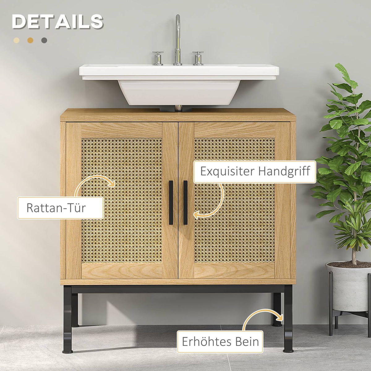 Sink base cabinet with cupboard compartment, vanity unit with rattan look, bathroom base cabinet with tilt protection, oak, 60 x 39 x 60 cm