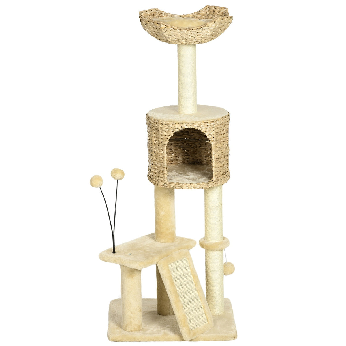 Sisal scratching post for large cats, 45x40x116cm load capacity 20 kg, with tip protection, cat cave, lying platform, play ball, plush, beige