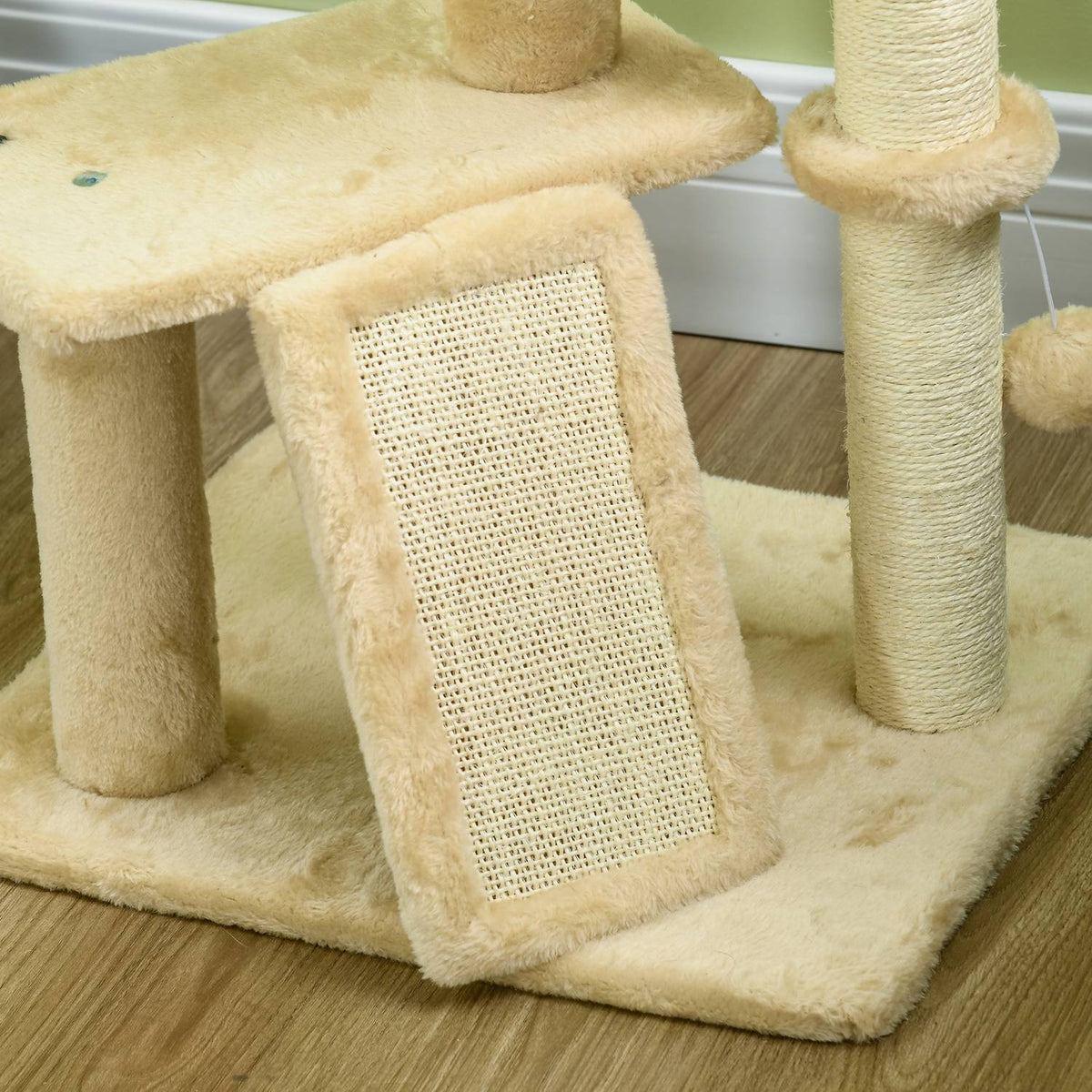 Sisal scratching post for large cats, 45x40x116cm load capacity 20 kg, with tip protection, cat cave, lying platform, play ball, plush, beige