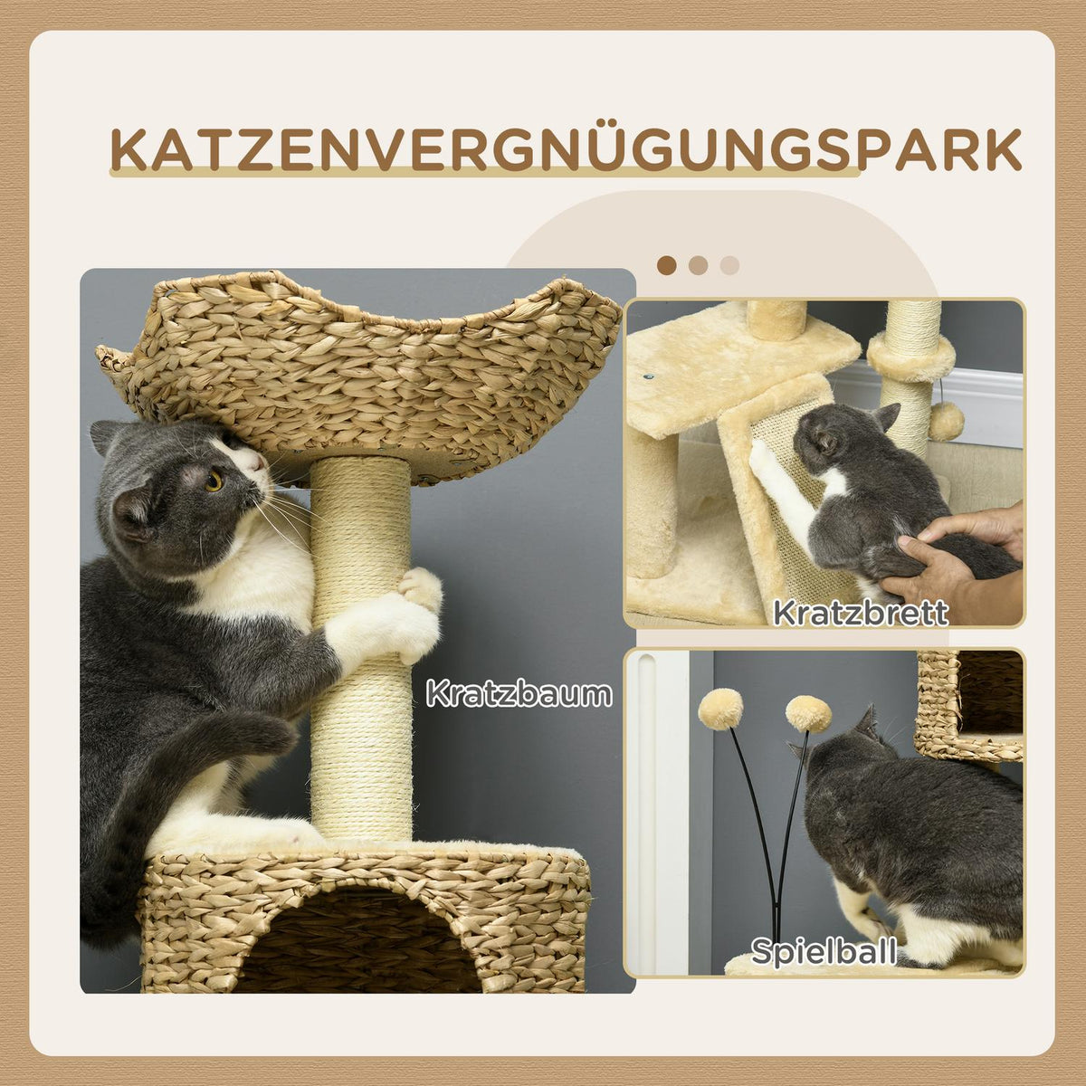 Sisal scratching post for large cats, 45x40x116cm load capacity 20 kg, with tip protection, cat cave, lying platform, play ball, plush, beige