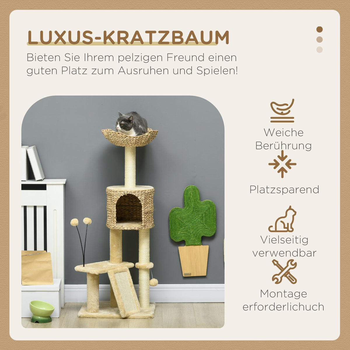 Sisal scratching post for large cats, 45x40x116cm load capacity 20 kg, with tip protection, cat cave, lying platform, play ball, plush, beige