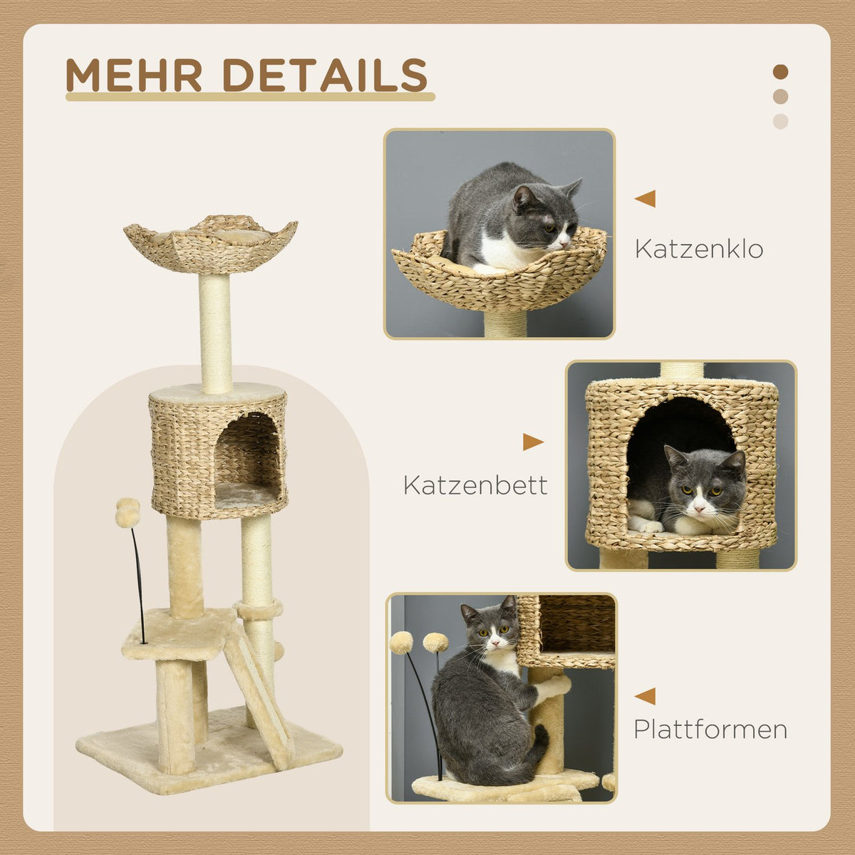 Sisal scratching post for large cats, 45x40x116cm load capacity 20 kg, with tip protection, cat cave, lying platform, play ball, plush, beige