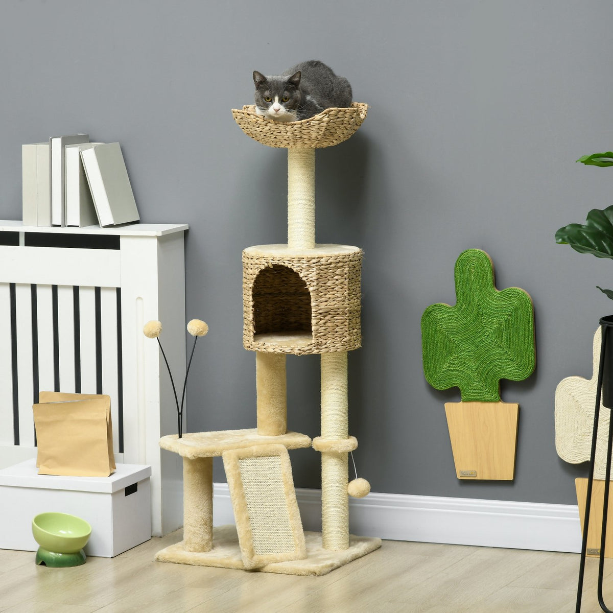 Sisal scratching post for large cats, 45x40x116cm load capacity 20 kg, with tip protection, cat cave, lying platform, play ball, plush, beige