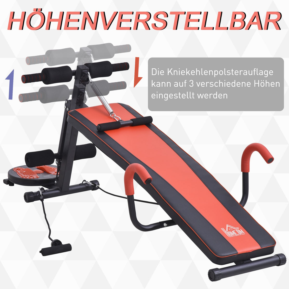 Sit Up Bench Adjustable Abdominal Trainer Training Bench, Padded, 120Kg Load Capacity, Red+Black, 166X53X52-60Cm