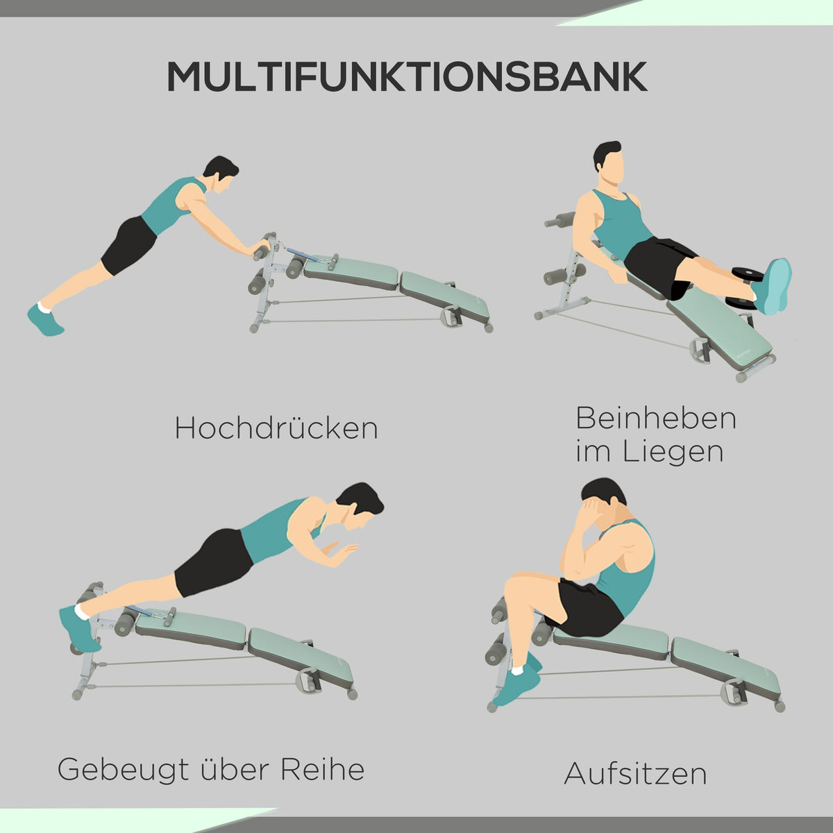 Sit Up Bench Foldable abdominal trainer, 5-way adjustable training bench, back trainer with leg fixation and resistance bands, green