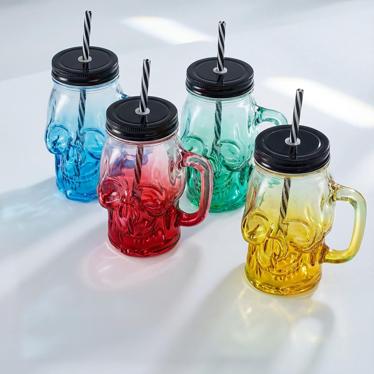 Skull Glasses Set with Lids & Straws, 4-Pack