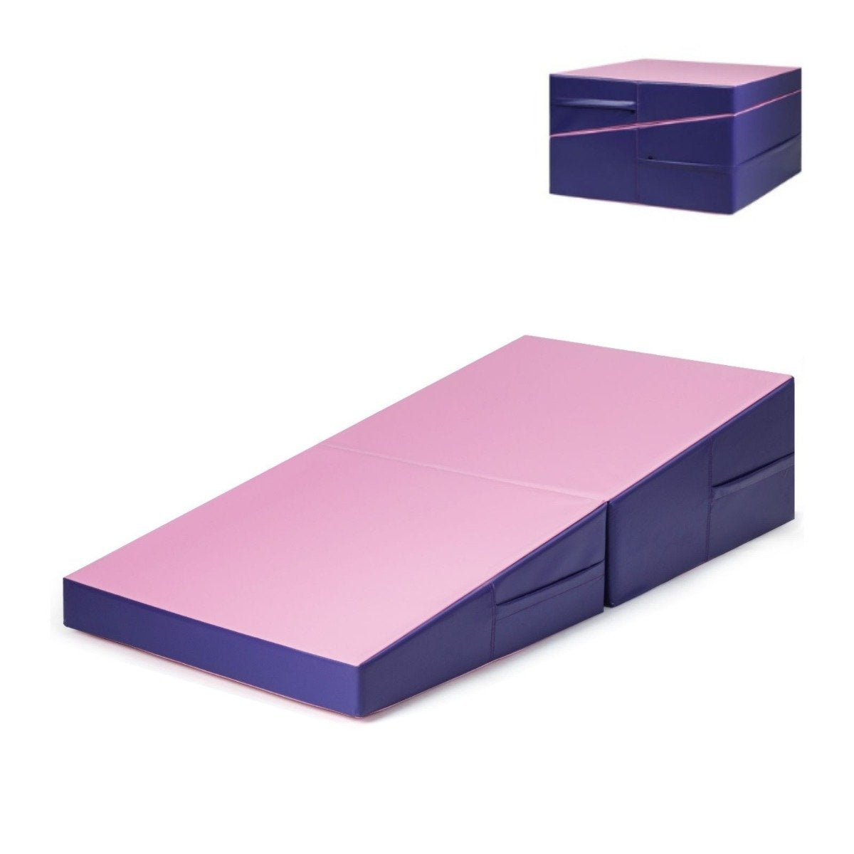 Slanted gymnastics mat, wedge-shaped soft floor mat, foldable 2 in 1 gymnastics mat with carrying handle 150 x 75 x 36 cm pink + purple