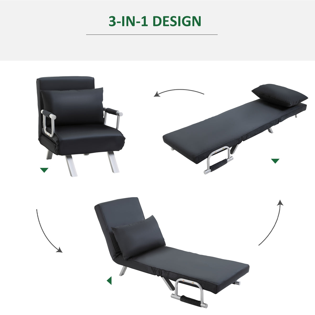 Sleeping Chair, 2-In-1 Sofa Bed, Folding Chair With Adjustable Backrest, Cushion, Guest Bed Can Hold Up To 120 Kg, Black