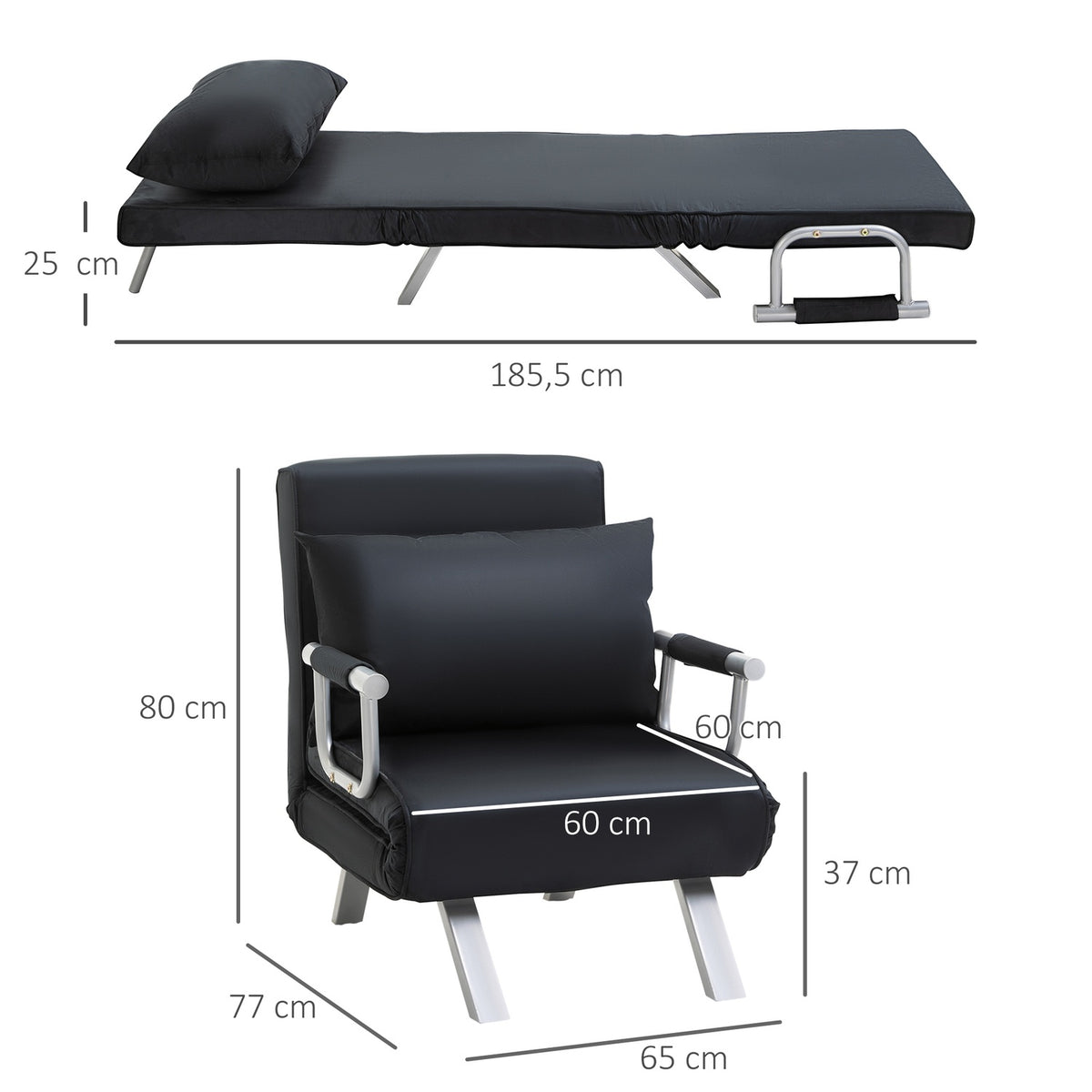 Sleeping Chair, 2-In-1 Sofa Bed, Folding Chair With Adjustable Backrest, Cushion, Guest Bed Can Hold Up To 120 Kg, Black
