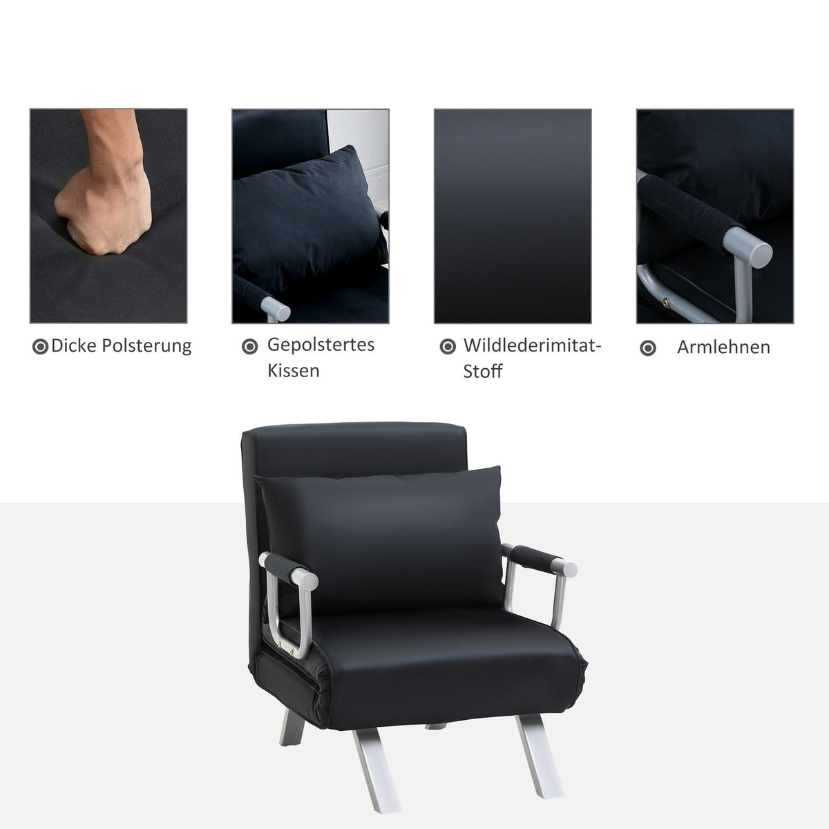 Sleeping Chair, 2-In-1 Sofa Bed, Folding Chair With Adjustable Backrest, Cushion, Guest Bed Can Hold Up To 120 Kg, Black