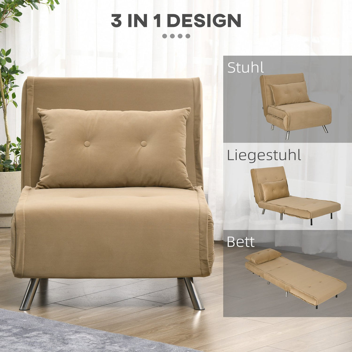 Sleeping Chair Folding Chair Bed Function Single Sofa Cushion Guest Bed Upholstered Sofa Velvet Brown 77X88X83Cm