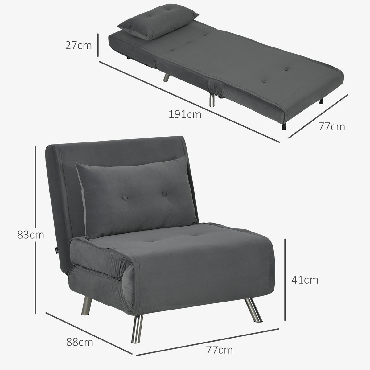 Sleeping Chair Folding Chair Bed Function Single Sofa Cushion Guest Bed Upholstered Sofa Velvet Dark Gray 77X88X83Cm