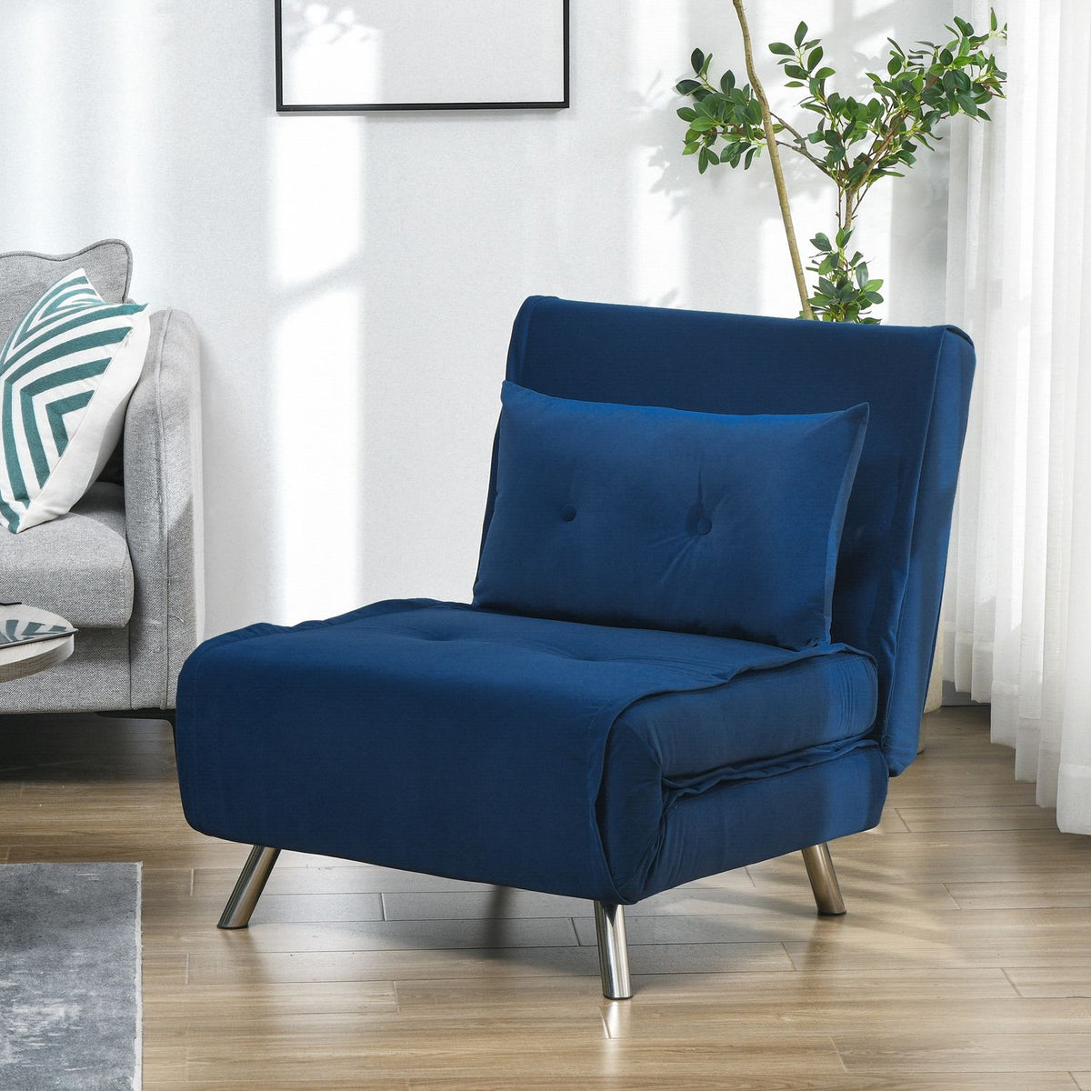 Sleeping Chair Folding Chair Bed Function Single Sofa Cushion Guest Bed Upholstered Sofa Velvet Living Room Bedroom Blue 77X88X83Cm