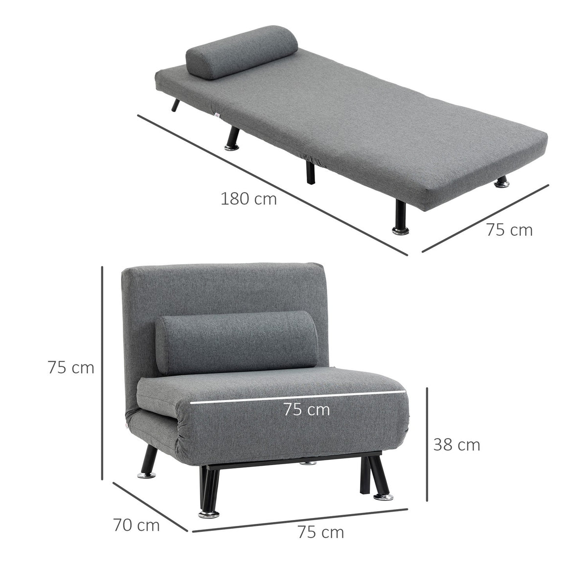 Sleeping Chair, Folding Chair With Bed Function, Adjustable Backrest, Dark Grey