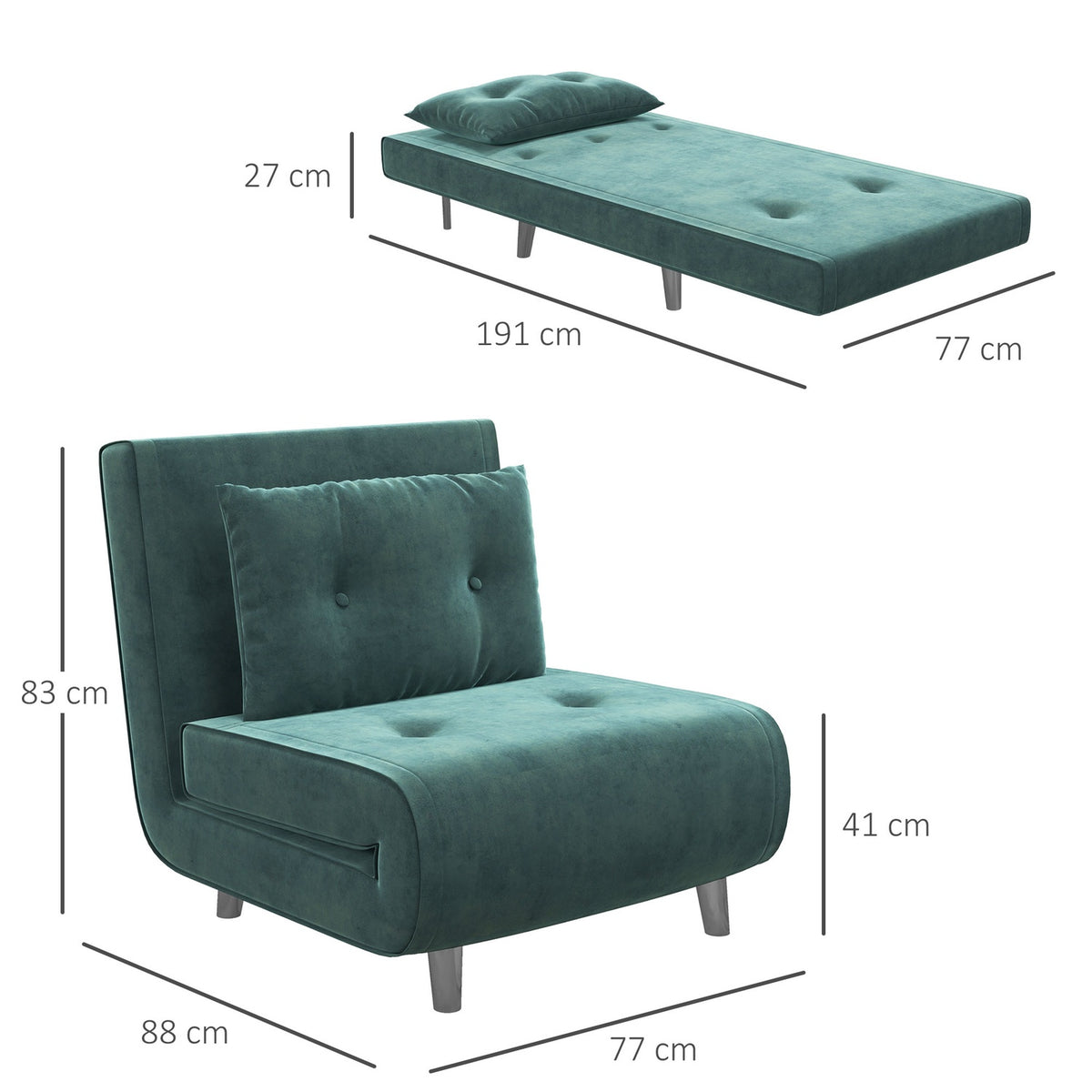 Sleeping Chair, Folding Chair With Bed Function, Single Sofa With Pillows, Guest Bed, Upholstered Sofa With Velvet Look, Dark Green, 77 X 88 X 83 Cm