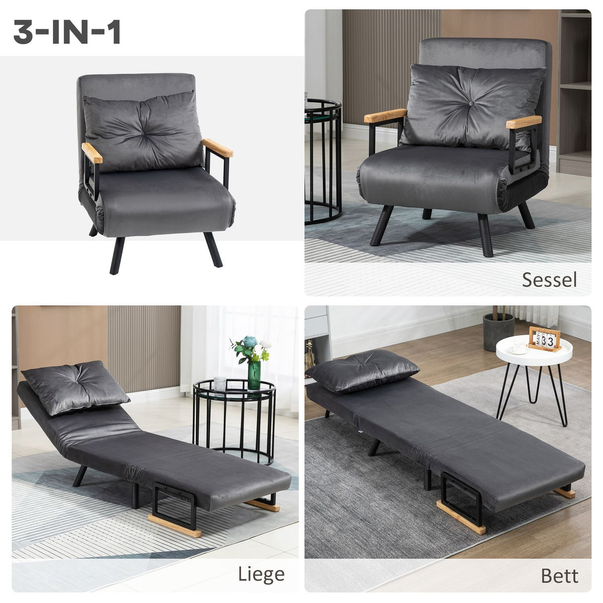 Sleeping Chair, Single Sofa With Bed Function, Relaxation Chair With Adjustable Backrest, Velvet Look, Dark Gray