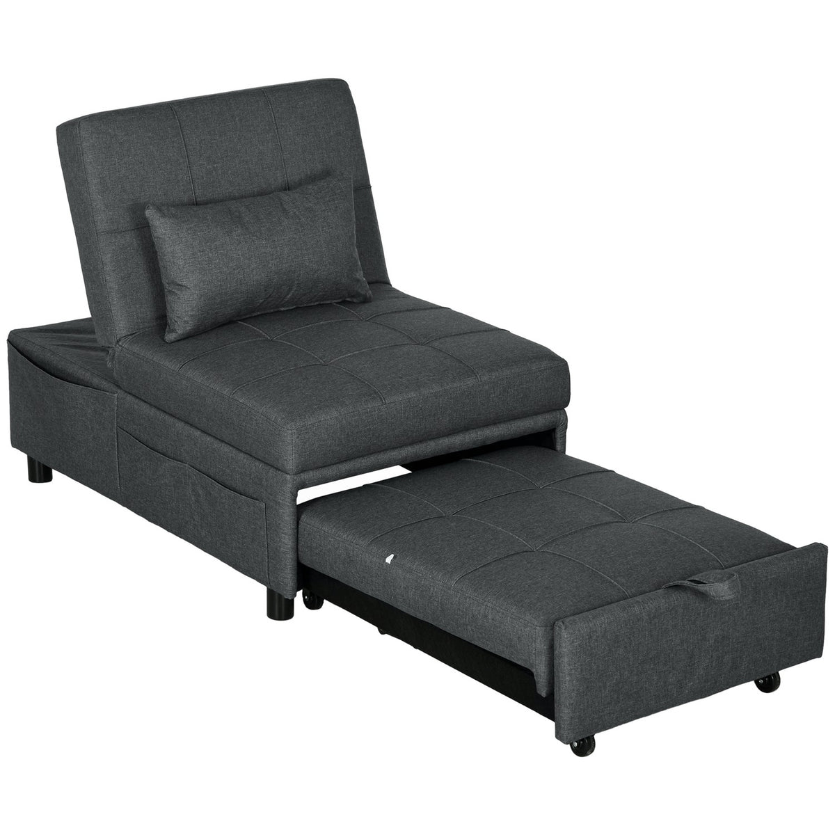 Sleeping chair 3 in 1 folding chair with side pocket, guest bed with pillows, adjustable backrest, bed chair with wheels, gray