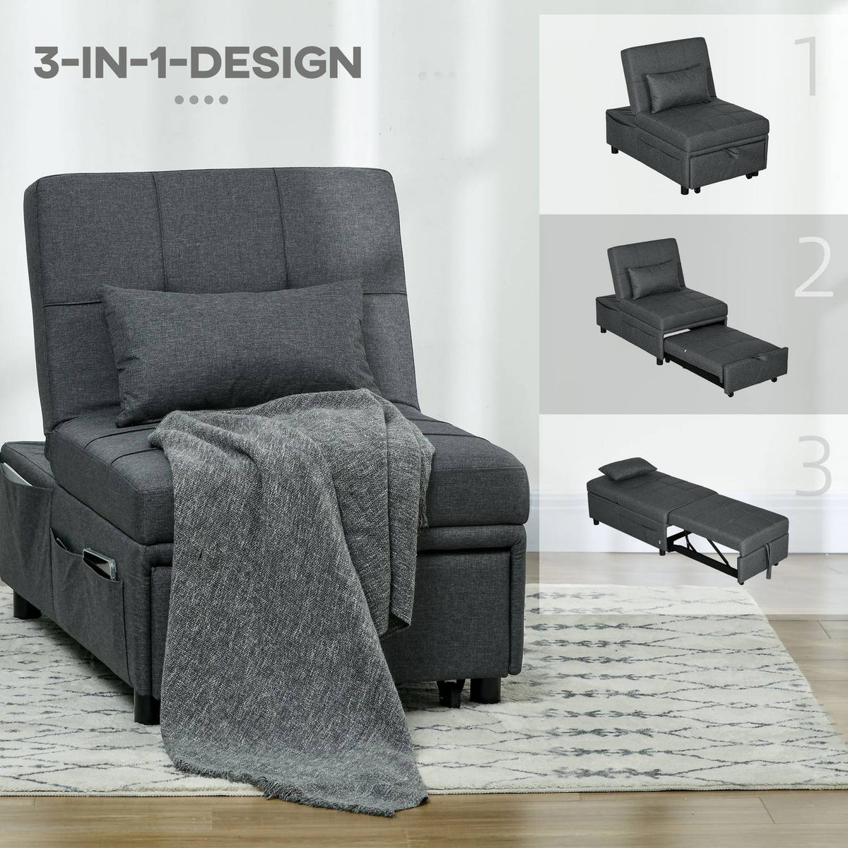 Sleeping chair 3 in 1 folding chair with side pocket, guest bed with pillows, adjustable backrest, bed chair with wheels, gray