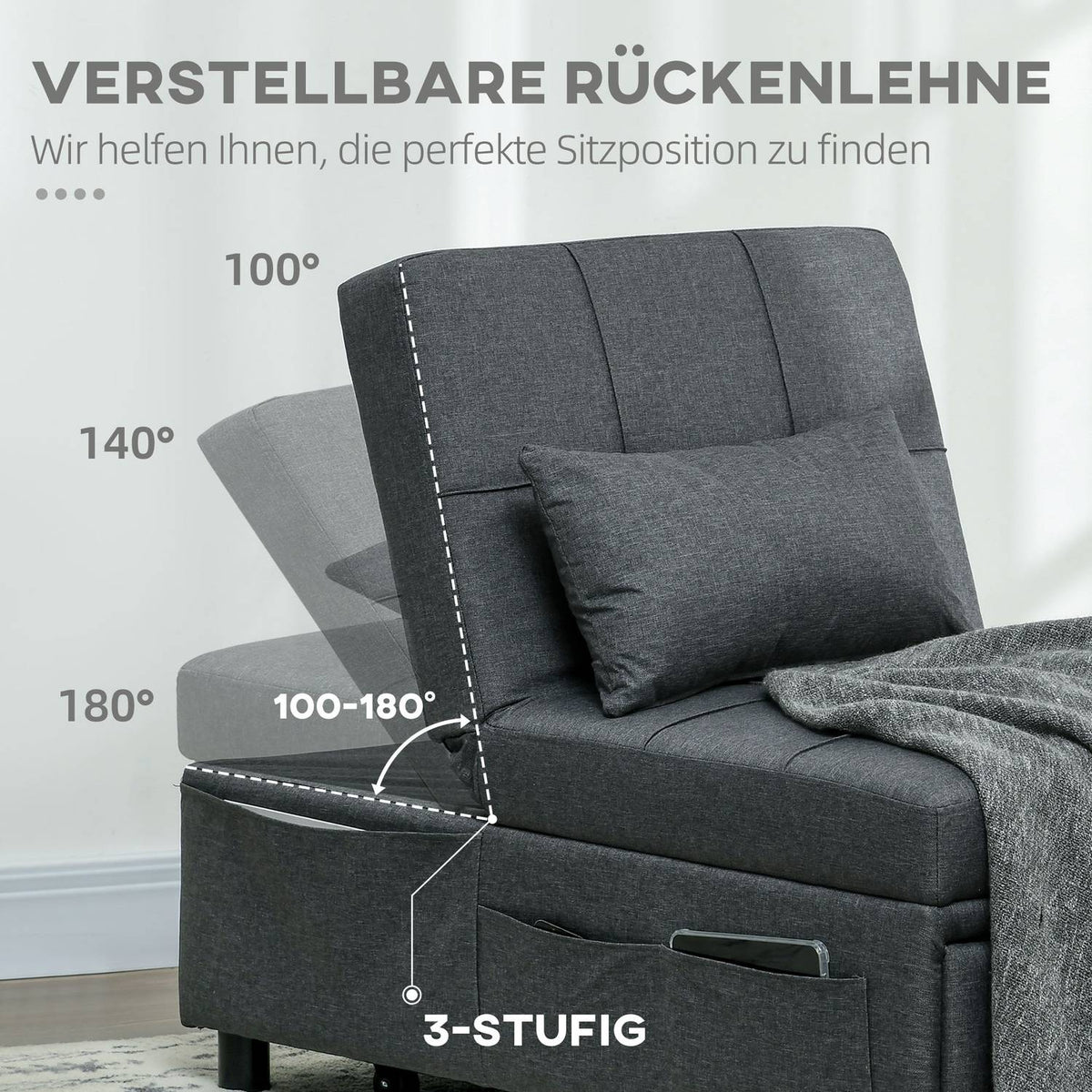 Sleeping chair 3 in 1 folding chair with side pocket, guest bed with pillows, adjustable backrest, bed chair with wheels, gray