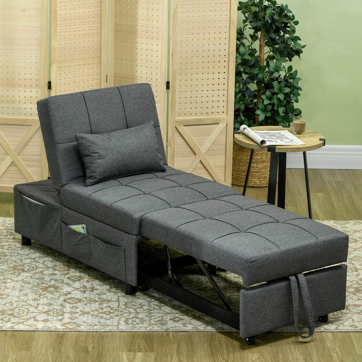 Sleeping chair 3 in 1 folding chair with side pocket, guest bed with pillows, adjustable backrest, bed chair with wheels, gray