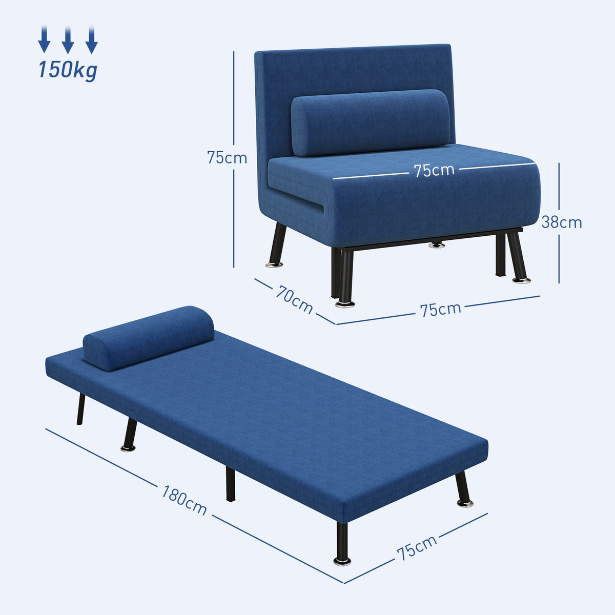 Sleeping chair, folding bed with bed function, back cushion, folding relaxation chair with linen look, adjustable backrest, 75 x 70 x 75 cm, dark blue