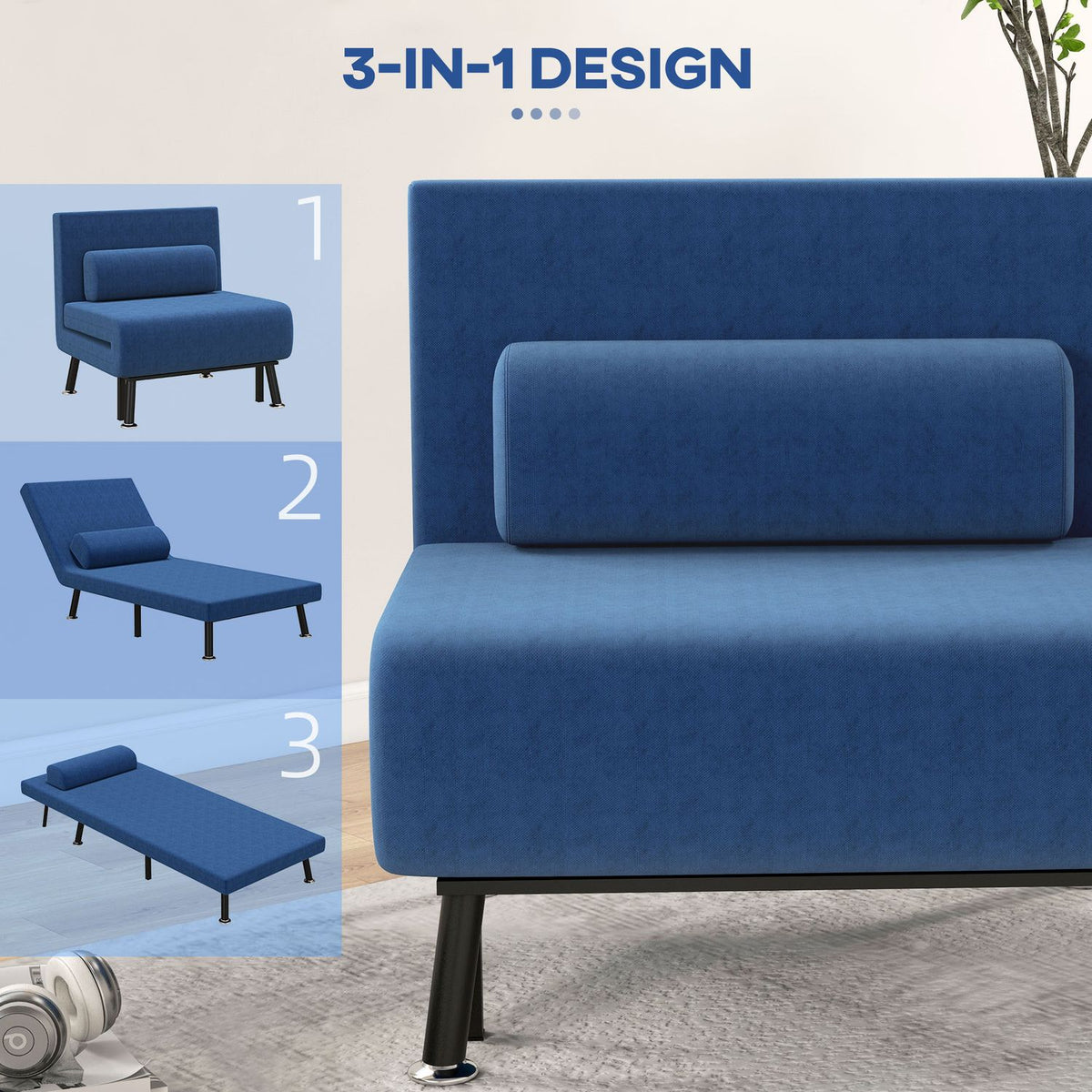 Sleeping chair, folding bed with bed function, back cushion, folding relaxation chair with linen look, adjustable backrest, 75 x 70 x 75 cm, dark blue