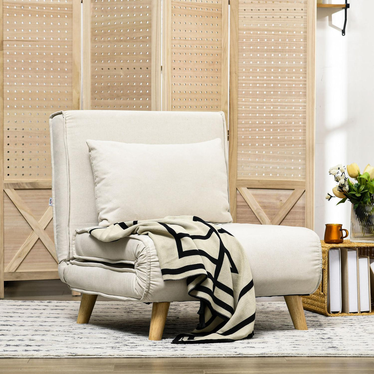 Sleeping chair, folding bed with bed function, lumbar cushion, folding relaxation chair with linen look, adjustable backrest, load capacity up to 150 kg, for living room cream white
