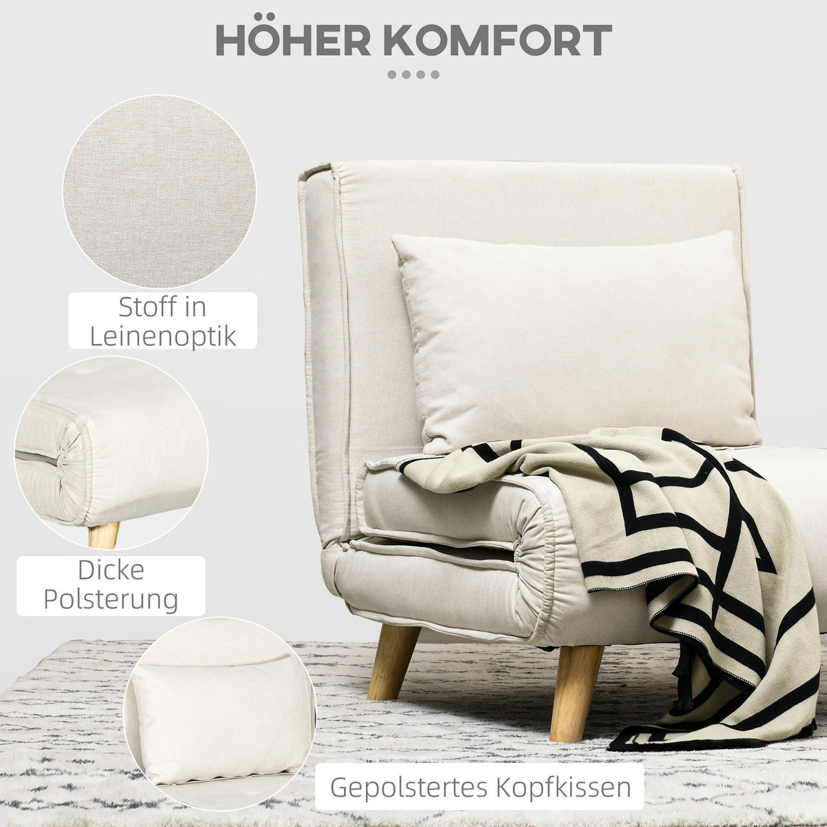 Sleeping chair, folding bed with bed function, lumbar cushion, folding relaxation chair with linen look, adjustable backrest, load capacity up to 150 kg, for living room cream white
