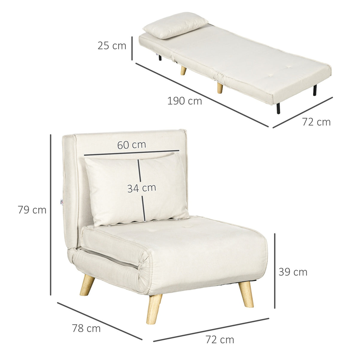 Sleeping chair, folding bed with bed function, lumbar cushion, folding relaxation chair with linen look, adjustable backrest, load capacity up to 150 kg, for living room cream white