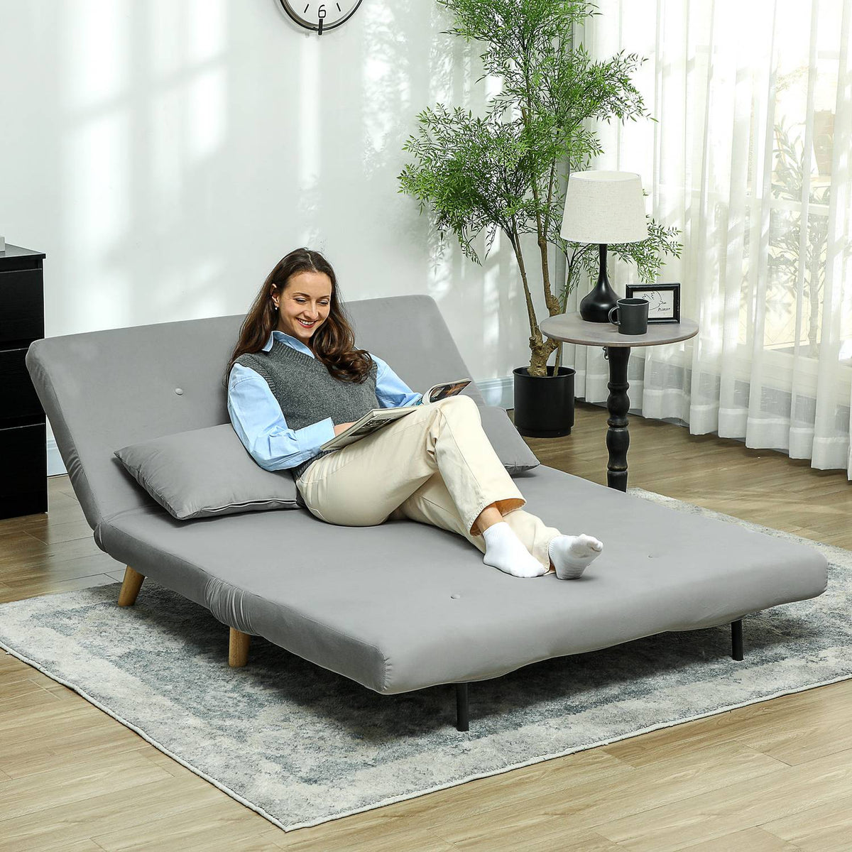 Sleeping chair, folding bed with bed function, lumbar cushion, folding relaxation chair with velvet look, adjustable backrest, load capacity up to 250 kg, for living room gray