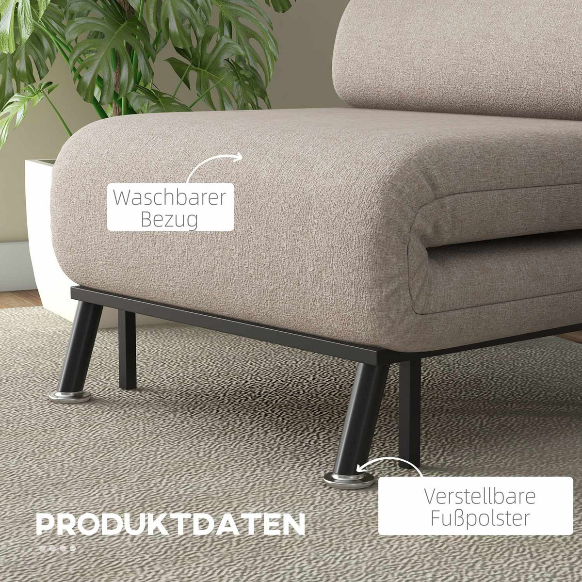 Sleeping chair, folding chair with bed function, back cushion, folding relaxation chair in linen look, adjustable backrest, load capacity up to 150 kg, for living room, beige