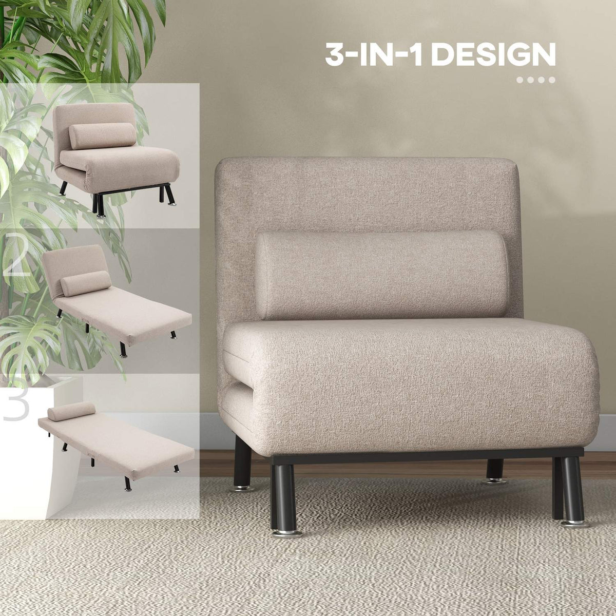 Sleeping chair, folding chair with bed function, back cushion, folding relaxation chair in linen look, adjustable backrest, load capacity up to 150 kg, for living room, beige