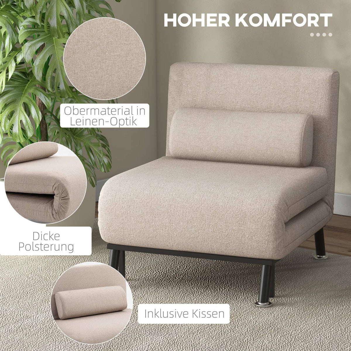 Sleeping chair, folding chair with bed function, back cushion, folding relaxation chair in linen look, adjustable backrest, load capacity up to 150 kg, for living room, beige