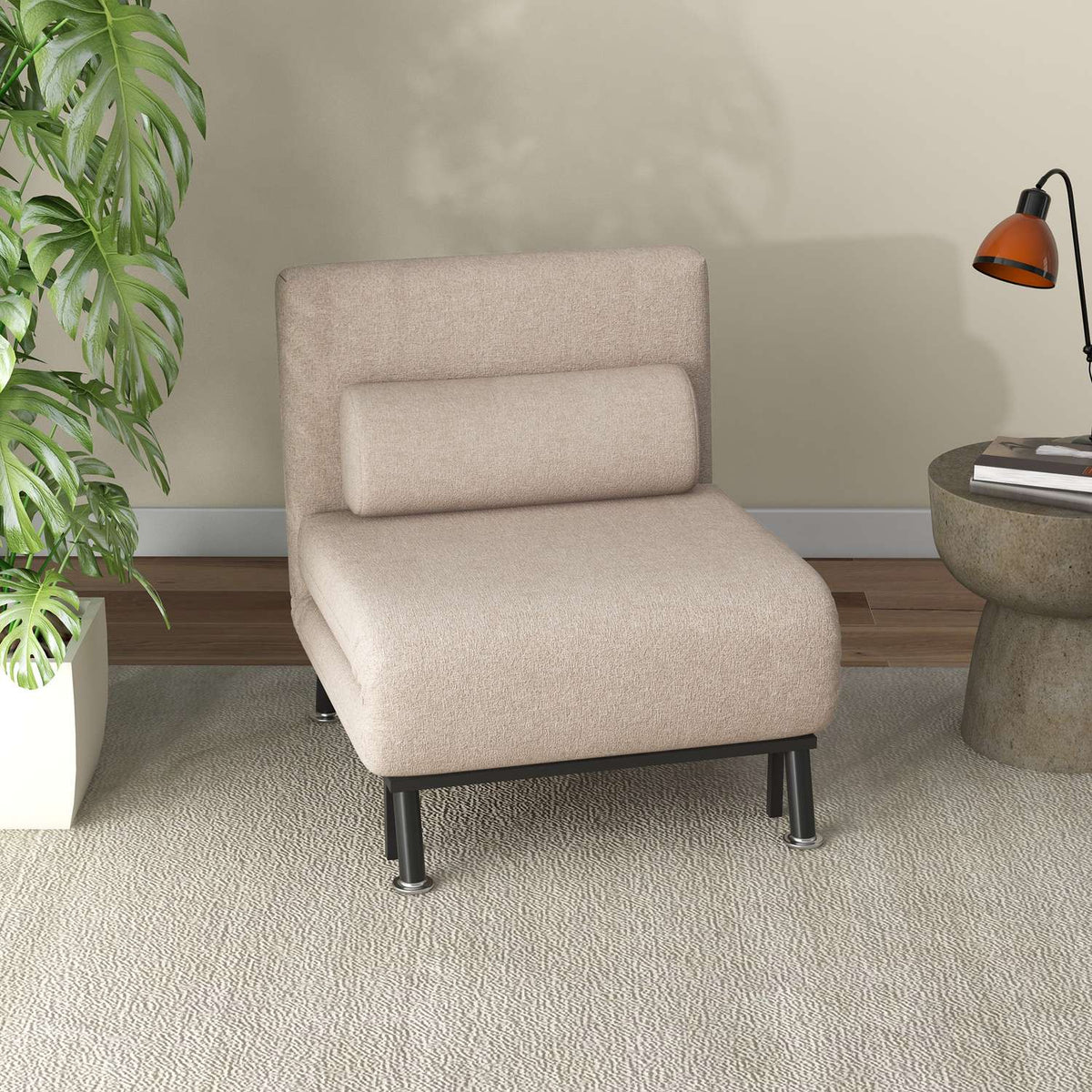 Sleeping chair, folding chair with bed function, back cushion, folding relaxation chair in linen look, adjustable backrest, load capacity up to 150 kg, for living room, beige