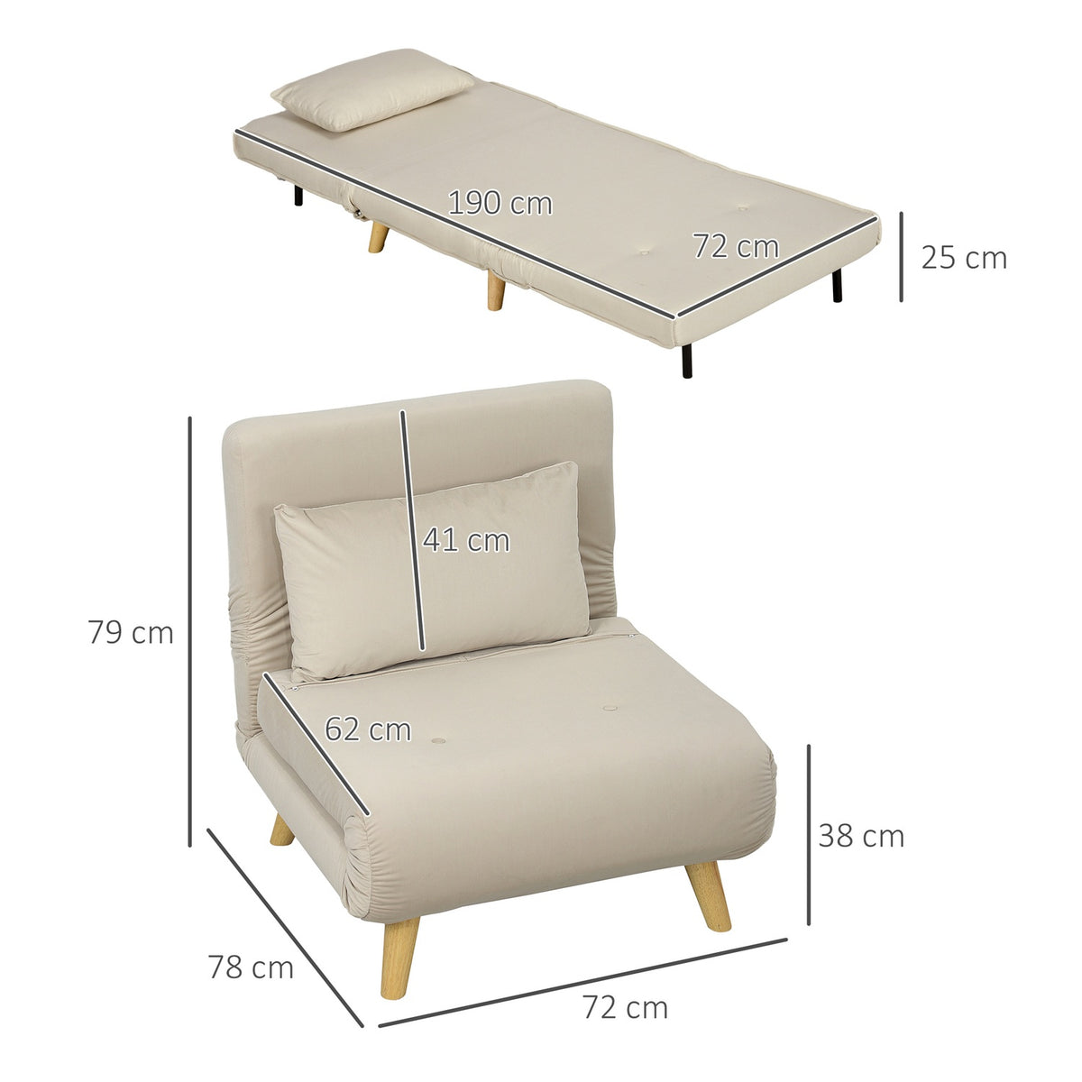 Sleeping chair, folding chair with bed function, decorative cushions, folding relaxation chair with adjustable backrest in velvet look, for living room, beige