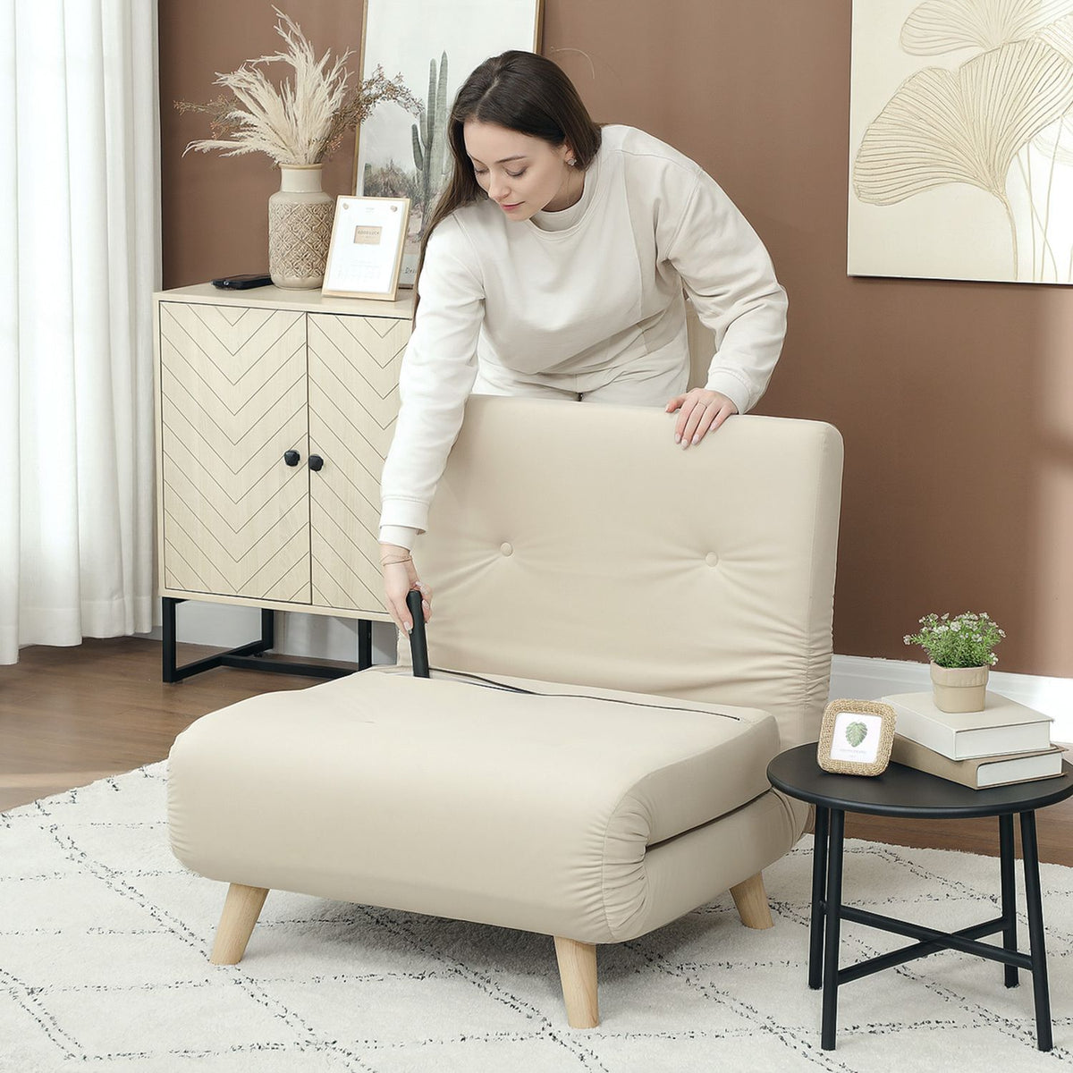 Sleeping chair, folding chair with bed function, decorative cushions, folding relaxation chair with adjustable backrest in velvet look, for living room, beige
