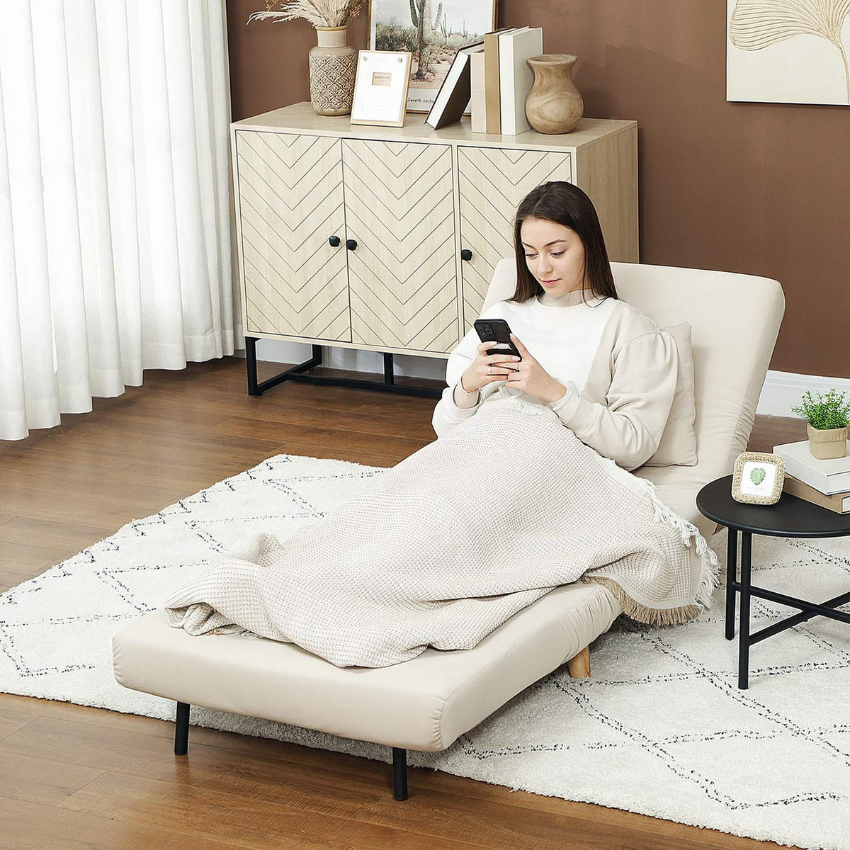 Sleeping chair, folding chair with bed function, decorative cushions, folding relaxation chair with adjustable backrest in velvet look, for living room, beige