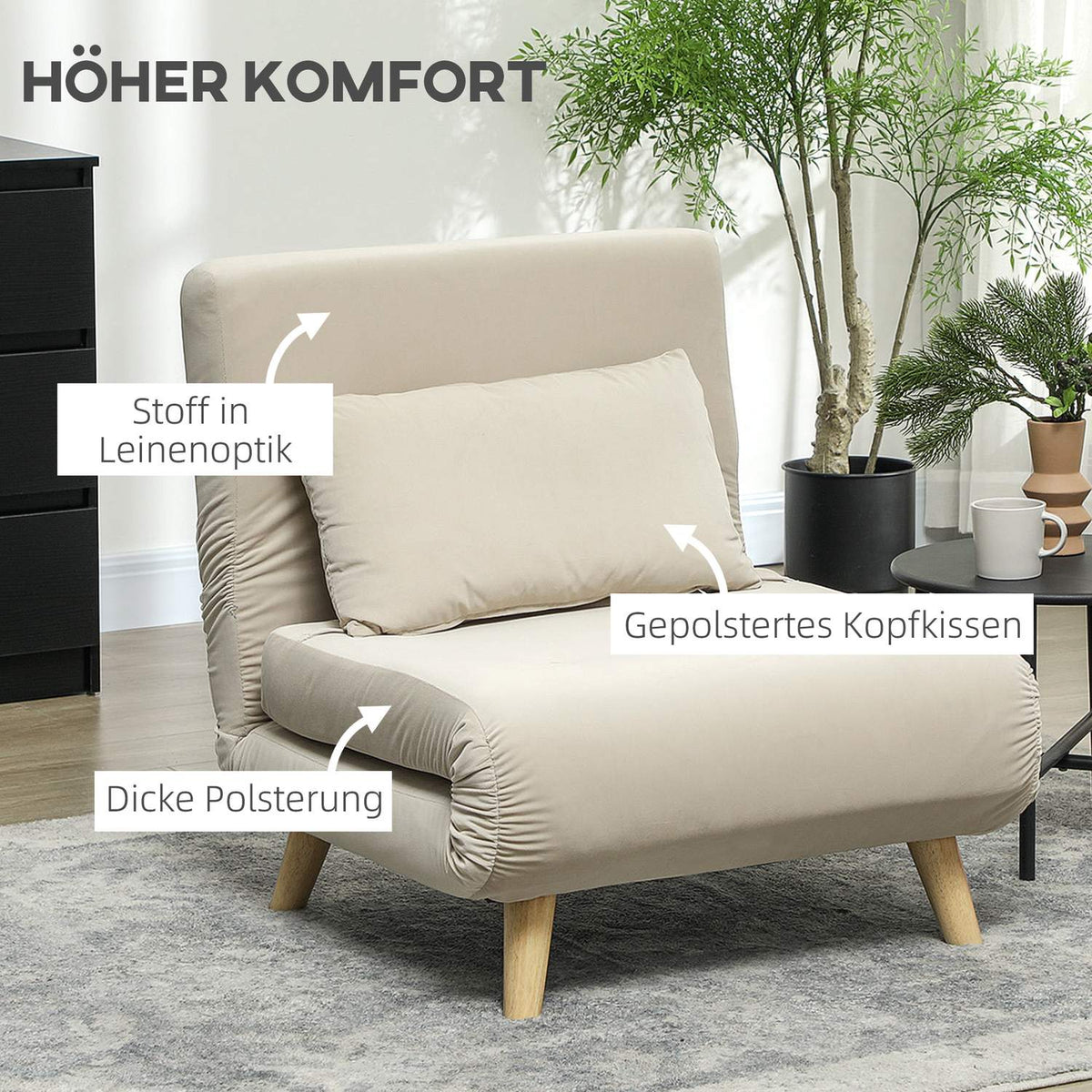 Sleeping chair, folding chair with bed function, decorative cushions, folding relaxation chair with adjustable backrest in velvet look, for living room, beige