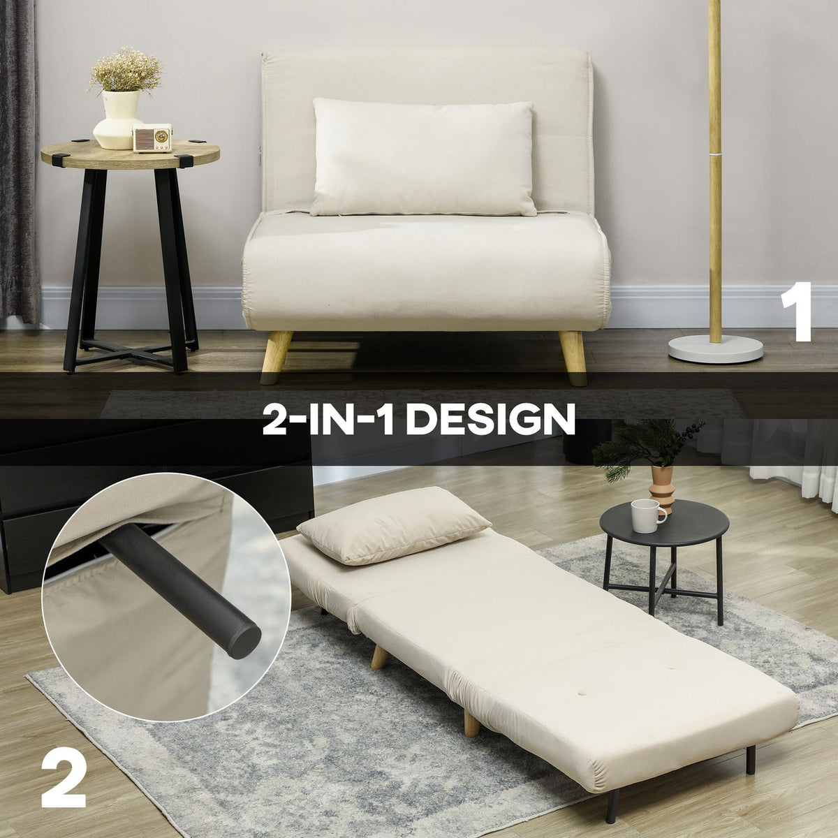 Sleeping chair, folding chair with bed function, decorative cushions, folding relaxation chair with adjustable backrest in velvet look, for living room, beige