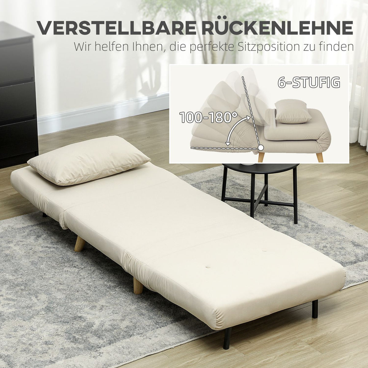 Sleeping chair, folding chair with bed function, decorative cushions, folding relaxation chair with adjustable backrest in velvet look, for living room, beige