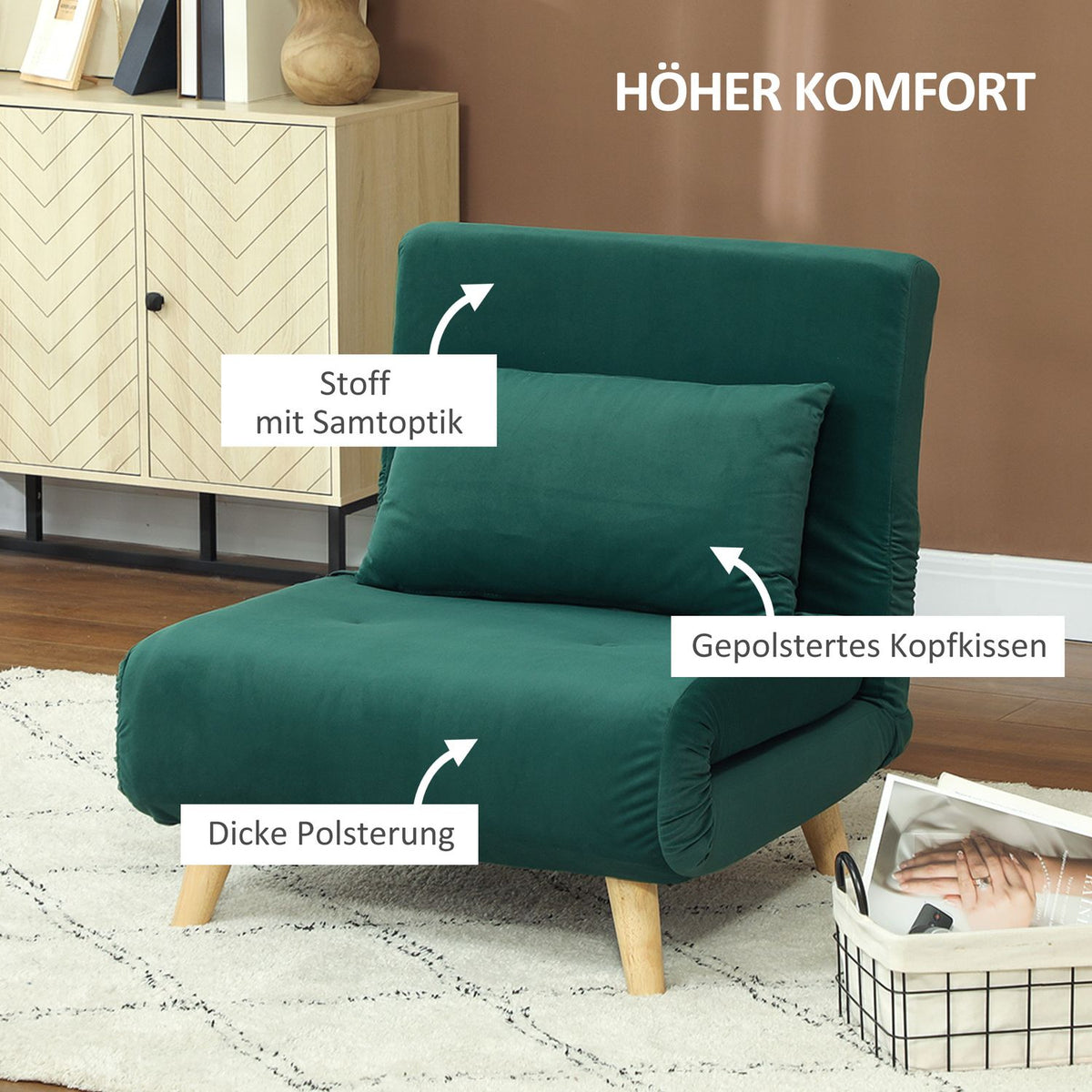 Sleeping chair, folding chair with bed function, decorative cushions, folding relax chair with adjustable backrest in velvet look, for living room, dark green |