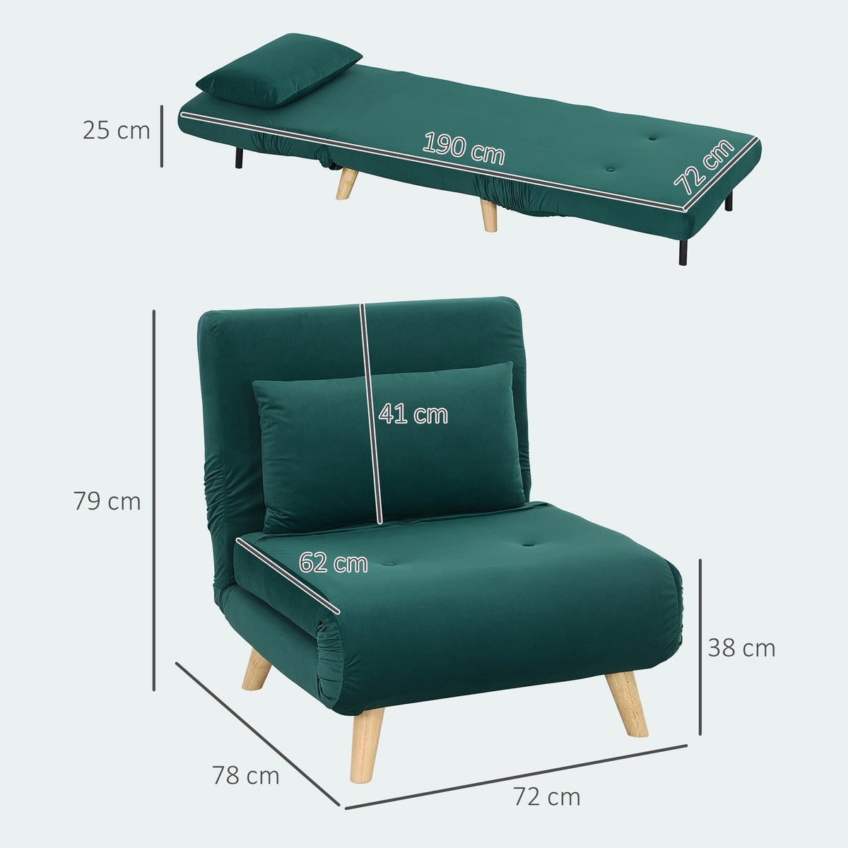 Sleeping chair, folding chair with bed function, decorative cushions, folding relax chair with adjustable backrest in velvet look, for living room, dark green |